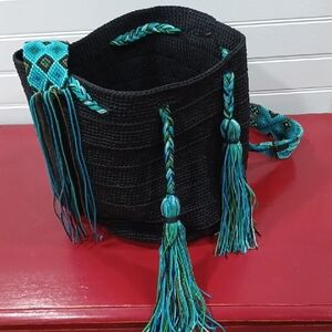 Chic Black and Teal Braided Shoulder Bag